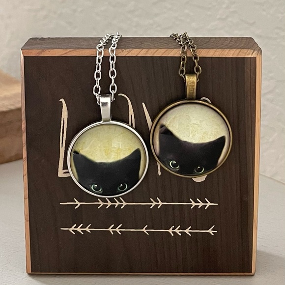 Peeking Cat Cabochon Necklace Kitten Bronze Silver - Picture 6 of 6